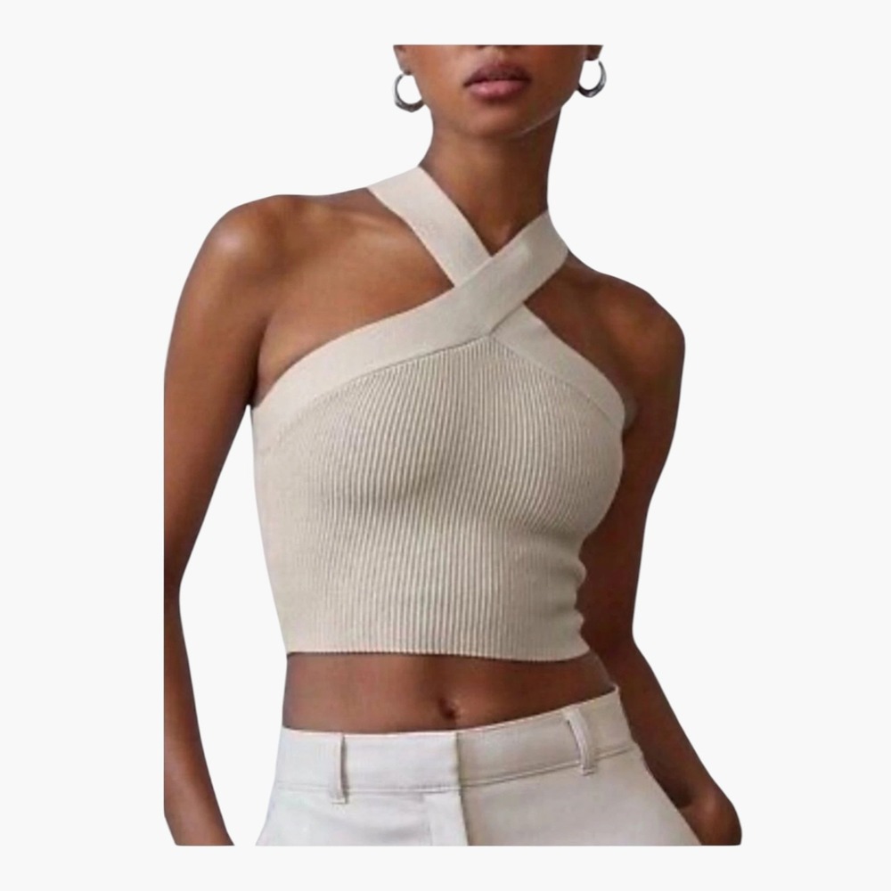 Aritzia Babaton Sculpt Knit Criss Cross Ribbed Tank Top Matte Pearl Women Size S